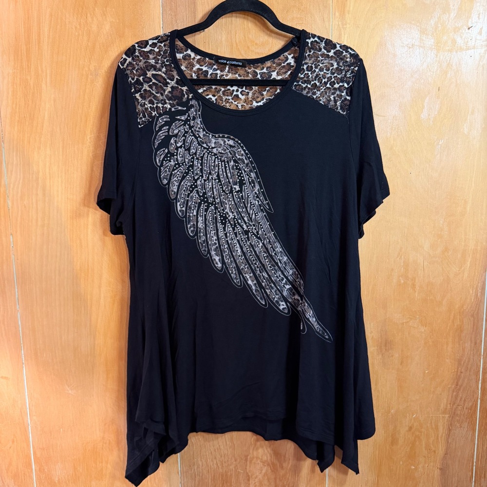 Vocal Voice of California Black Leopard Lace Rhinestone Wing Tunic 3XL